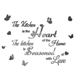 Acrylic mirror kitchen wall sticker with English quotes and butterfly decor details.