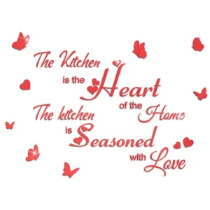 Red acrylic mirror wall sticker with English kitchen quote and butterfly decorations.
