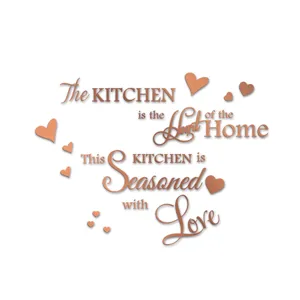 Acrylic kitchen quote wall stickers with mirror finish and heart decor for home decoration.