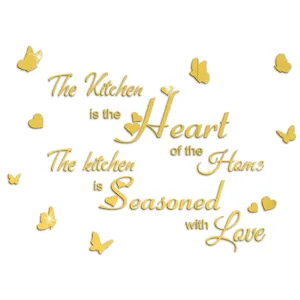 Gold acrylic mirror wall sticker with kitchen quotes and butterfly decor, home decor.