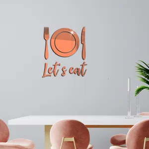 Acrylic mirror wall sticker with fork, plate and eat text for modern dining room decor.