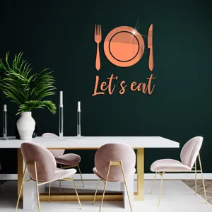 Acrylic mirror wall sticker featuring cutlery and Let's eat text for dining room decor.