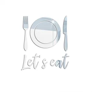 Acrylic mirror wall sticker featuring fork, plate, and Let's eat text for dining room decor.