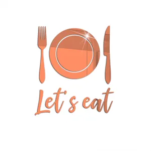 Acrylic mirror wall sticker with cutlery fork plate and Let's eat letters for home decor.
