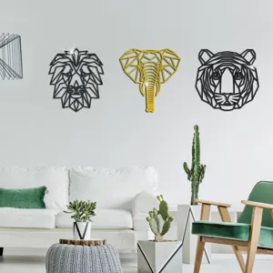 Detailansicht geometrischer Tier Acryl Spiegel Wandaufkleber mit Löwe, Elefant und Tiger.