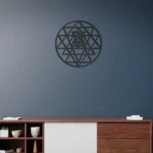 Black geometric wall art sticker, sacred flower of life circular acrylic decor for room.
