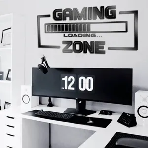 Detailed view of black acrylic gaming wall sticker with loading zone text design on room wall.