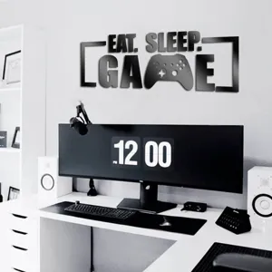 Acrylic mirror wall sticker featuring eat sleep game quote and controller design for bedroom decor.