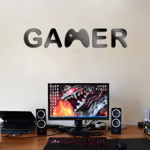 Acrylic mirror GAMER wall sticker with game controller for living room and bedroom decor.