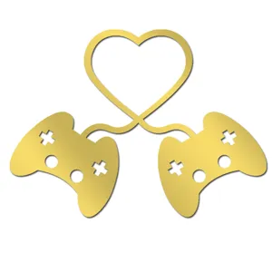 Golden acrylic mirror gamepad wall sticker detail, creative 3d heart gaming decor graphic.