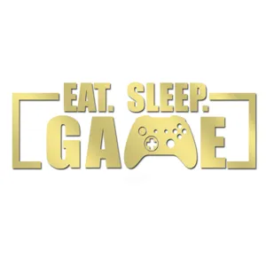 Acrylic mirror wall sticker detail, gold gaming slogan lettering with controller design.