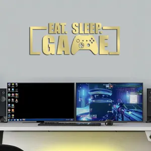 Acrylic mirror wall sticker featuring eat sleep game design for living room bedroom decor.