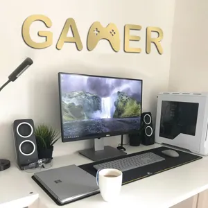 Gold acrylic GAMER wall sticker for gaming room 3D decor, stylish mirror surface wall art.