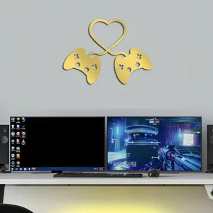 Gold acrylic mirror wall sticker featuring a game controller heart design for room decor.