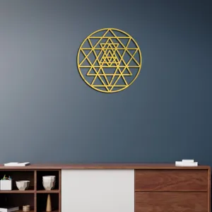 Golden geometric acrylic wall sticker, 3D sacred art decor for modern home interior.