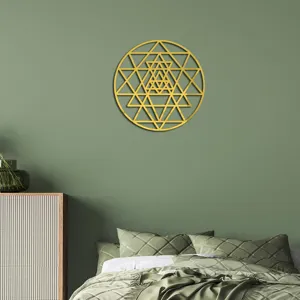 Flower of Life geometric acrylic mirror wall sticker, elegant gold home wall decor scene.