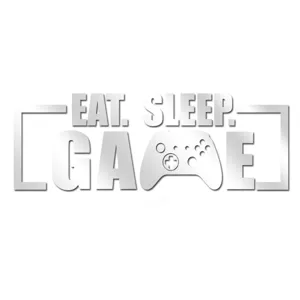 Detailed view of 3D acrylic mirror wall sticker featuring 'EAT. SLEEP. GAME' text and gamepad.