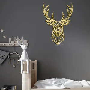 Goldene geometrische Hirsche Kopf Acryl Wandspiegel Aufkleber für Deko Zuhause 1Stk
