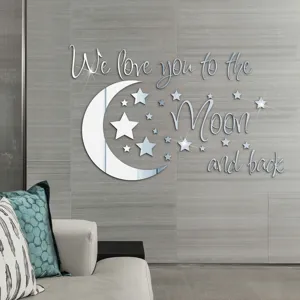 Silver mirror acrylic moon and stars wall sticker detail showing elegant phrase design.