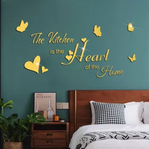 DIY mirror acrylic wall sticker with gold English quotes hearts and butterflies for home decor.
