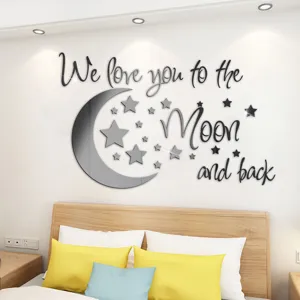Acrylic mirror wall sticker featuring moon, stars, and inspirational quote for bedroom decor.