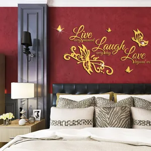 Gold acrylic butterfly wall sticker with inspirational quotes for bedroom home decor detail.