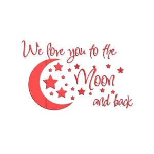 Red acrylic mirror wall sticker with moon, stars, and love quote for kids room decor.