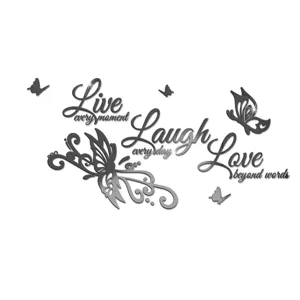 Acrylic mirror wall stickers with butterflies and inspirational text quotes for home decor.