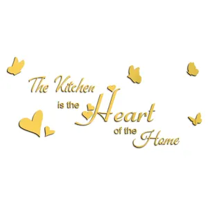 Gold mirror acrylic wall sticker with kitchen quote, hearts and butterfly decor for home.
