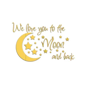 Gold mirror acrylic wall sticker featuring moon, stars, and inspirational quote for kids room.