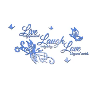 Acrylic mirror butterfly English quote wall sticker detail showcasing reflective blue surface design.