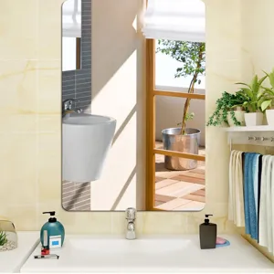 Detail view of wall mounted bathroom mirror sticker showing clear reflection and modern style.