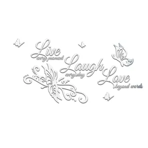 Detailed view of mirror acrylic butterfly wall sticker with inspirational English quotes design.