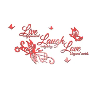 Red mirror acrylic wall sticker with English quotes and butterfly design for home decor.