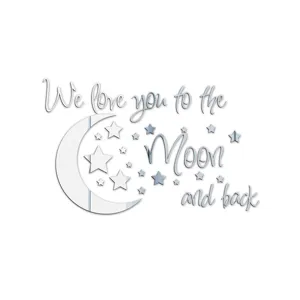 Acrylic mirror wall sticker detail showing the moon, stars and text elements clearly.