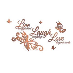 Mirror acrylic wall sticker detail featuring motivational quotes and elegant butterfly motifs.