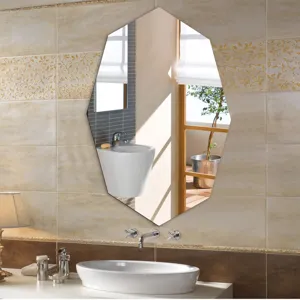 Modern geometric bevel wall mirror detail, elegant bathroom decor style for home interior setup.