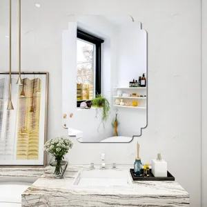 Modern decorative wall mirror detail, unique cut corner design for bathroom and home decor.