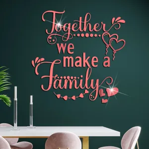 Adhesivo de pared espejo acrílico con texto y corazones, vista detallada del producto.