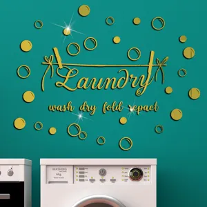 3D Acrylic Laundry Mirror Wall Sticker Gold Lettering Bubble Decals for Home Decor