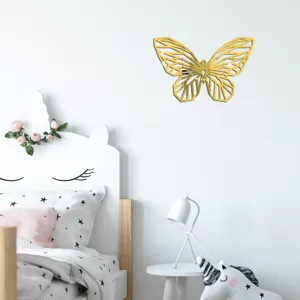 Gouden geometrische vlinder acryl spiegel muursticker detail getoond in een kinderkamer.
