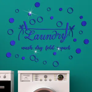 Detailed view of laundry acrylic mirror wall sticker featuring text and bubble decals.