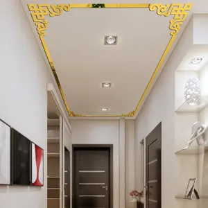 Detailed view of 3D acrylic mirror corner wall sticker installed on ceiling for home decor.