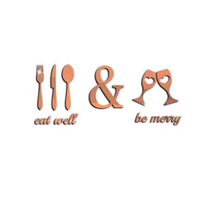 Rose gold acrylic mirror wall stickers featuring tableware, wine glasses, and text decor.