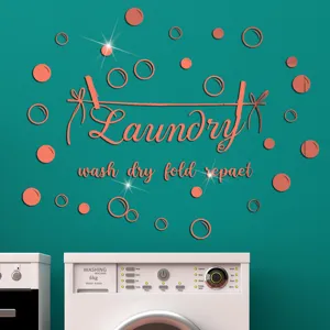 Acrylic mirror wall sticker featuring laundry lettering and bubbles for home decoration.