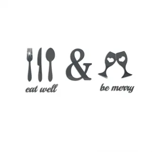 Detail view of acrylic mirror wall sticker featuring eat well cutlery and wine glass design.