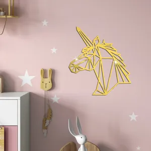 Geometrischer Einhorn Acryl Spiegel Wandaufkleber, goldene 3D Wanddeko für das Kinderzimmer.