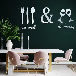 Acrylic mirror wall sticker scene showing dining room decor with fork spoon and text details.