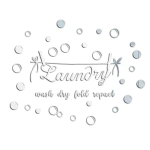 Acrylic mirror wall sticker featuring laundry theme words and bubbles for home decor.