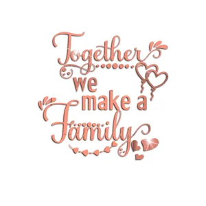 Adhesivo de pared de espejo acrílico con frase familiar y corazones para decoración.